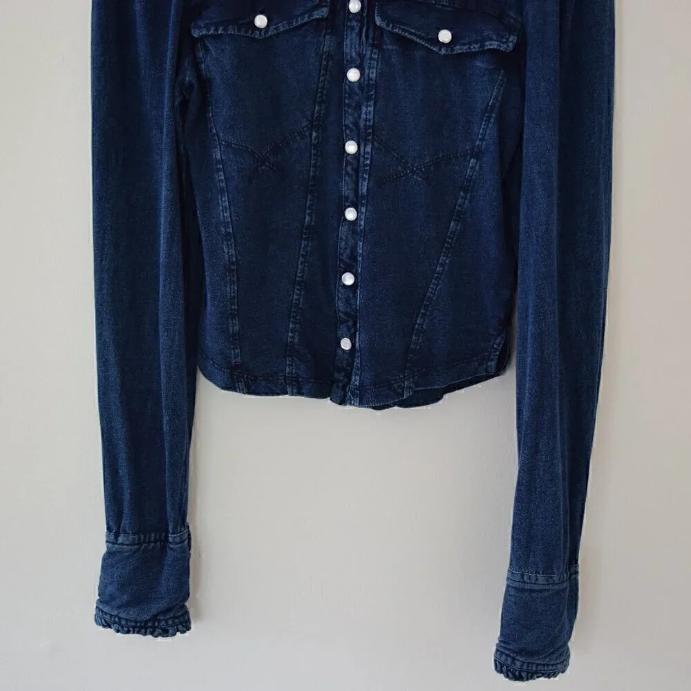 FREE PEOPLE Fitted Cotton Button Down Long Sleeve Top Blue Size Large - Picture 4 of 10